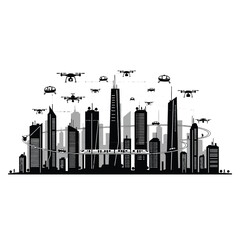 Obraz premium Future technology silhouette vector with smart cities, drones, and advanced transportation on white background-01.eps