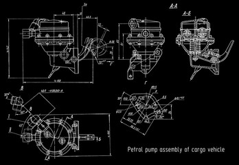 Fototapeta premium Petrol pump assembly of cargo vehicle. Engineering mechanical drawing of automotive device. Industrial cad scheme on paper sheet. Technology design of machine building industry. Machined template.