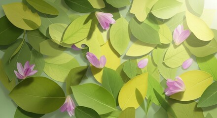 Lush vibrant green leaves and delicate pink flowers scattered across foliage background
