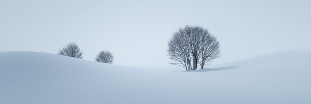 Winter landscape with single tree and snow-covered field. Minimalist winter scene showing bare trees in snow and empty sky creating solitude
