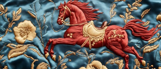 Fototapeta premium A vibrant embroidery depicting a majestic red horse amidst floral designs on a rich blue silk background, showcasing traditional craftsmanship and artistic expression.