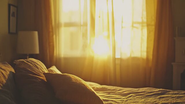 Soft golden light illuminating a bed with rumpled pillows and sheets, creating a warm, comfortable, and peaceful atmosphere, symbolizing deep rest and the start or end of a day