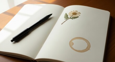 Open notebook with black pen and pressed dried flower on wooden desk with coffee cup ring