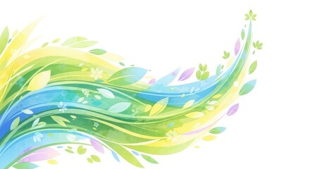 Abstract watercolor background with green leaves flowing in wavy blue and yellow patterns