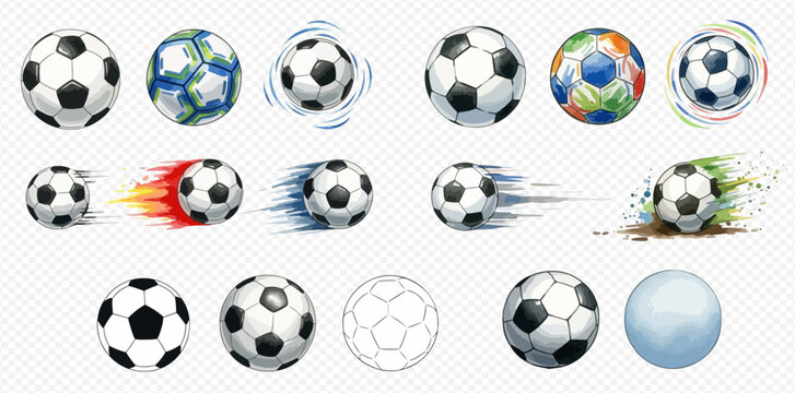 Set of realistic soccer balls in various states of motion and design, isolated on a transparent background.