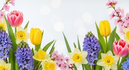 Vibrant spring flowers bouquet on white with bokeh for easter and mothers day