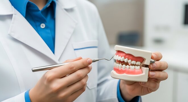Dentist holding dental model and probe, explaining teeth anatomy