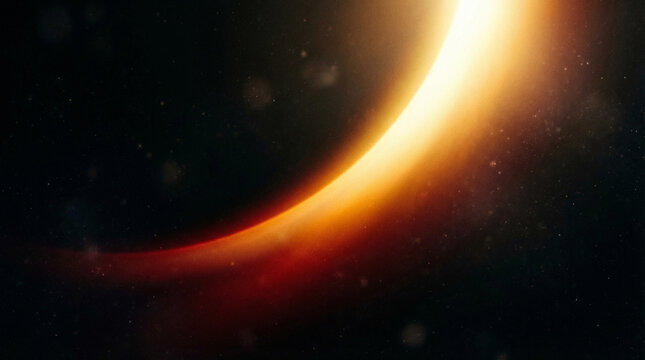 Abstract Cosmic Scene: Glowing Crescent Shape with Fiery Orange Hues and Floating Particles, Space Background, Sci-Fi
