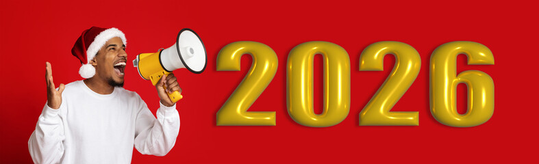 Obraz premium A person is excitedly shouting using a megaphone. He is wearing a santa hat and signaling the celebration of the year 2026. The background is bright red with large yellow numbers.