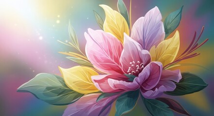 Close-up of stylized blooming flower with soft light and vibrant yellow purple pink petals