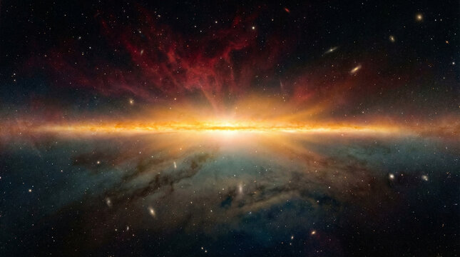 Epic cosmic vista of a bright, explosive galaxy core with swirling red nebulae and surrounding stars, showcasing the immense beauty and power of the universe.