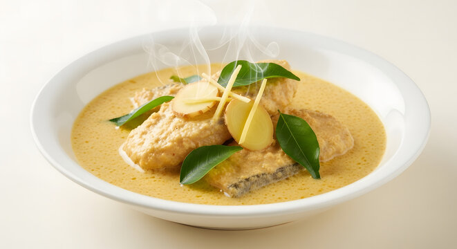 Steaming Hot Coconut Milk Fish Curry with Ginger Julienne and Fresh Curry Leaves