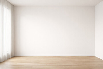 Minimalist empty interior with wide-angle view, clean walls and floor, soft natural daylight. Modern space with generous copy space for branding, architecture and interior design presentations.