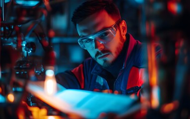 Obraz premium Focused technician examines technical document.