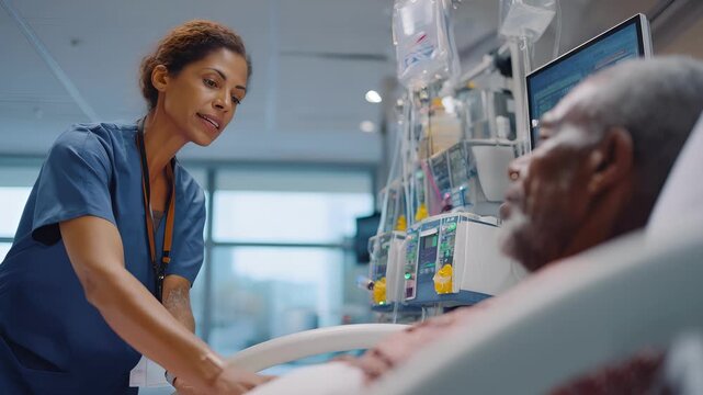 Caring nurse administering medication to patient in hospital checking vitals comforting with gentle words medical equipment humming