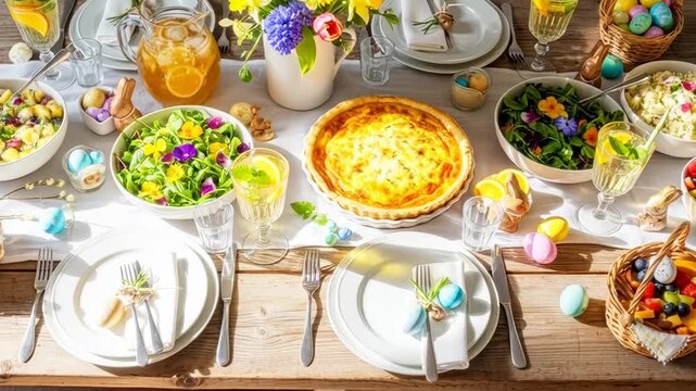 Vibrant festive brunch table with colorful eggs and fresh spring flowers