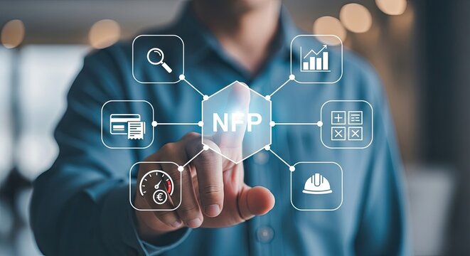 Man touching a screen with 'NFP' and connected icons, suggesting financial concepts like non-profit organizations or net financial position.