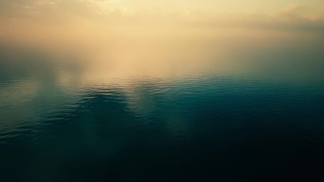 Hazy golden sky with soft clouds above calm blue green water, a serene, dreamlike gradient horizon at dawn or dusk perfect for background, meditation, or travel themes