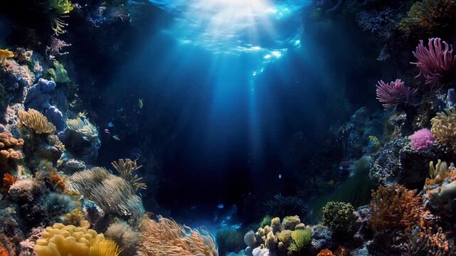 Sunbeams illuminate coral reef canyon as camera glides forward into deep blue underwater passage