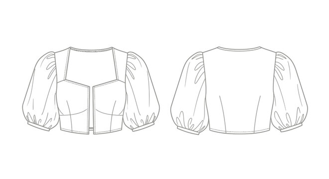 Fashion technical sketch of a cropped puff sleeved bolero jacket with open front