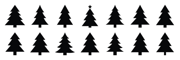 Fototapeta premium christmas tree outline icon set silhouette on black colour and white background. Holiday silhouette vector icons.