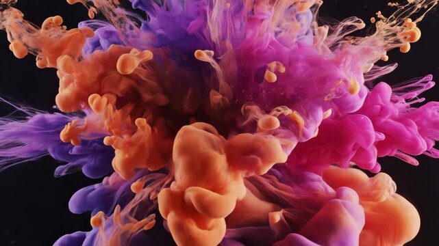 Purple, pink, and orange ink blending in water on a black background 4k video