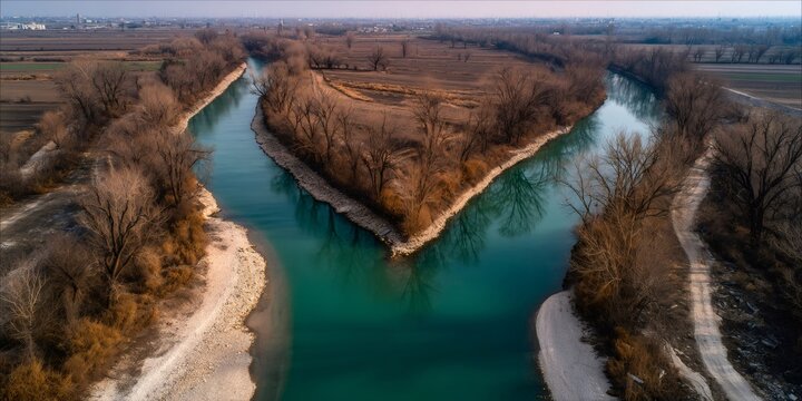 Rivers converging in winter landscape with bare trees