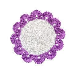 Knitted colored napkin. Сrocheted multi-coloured doily with a pattern.