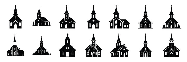 christmas  village church icon set silhouette on black colour and white background. Holiday silhouette vector icons.