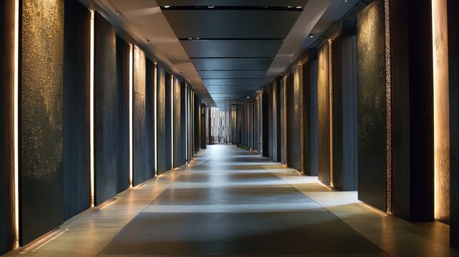 A long, dark corridor with illuminated walls and a sleek, modern design