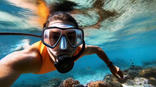 Tourist people diving with snorkel to see nemo fish , beautiful fish and coral at Island,copy space