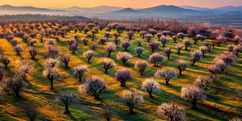 Spring almond orchard blooming at sunset