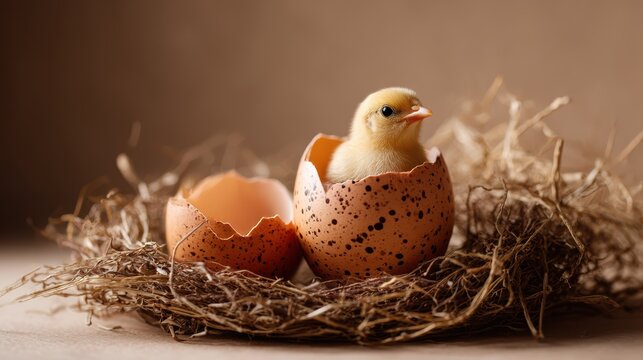A fluffy chick sits adorably inside a speckled egg shell in a cozy straw nest. Symbolic of new life and spring, this charming scene radiates innocence and warmth.