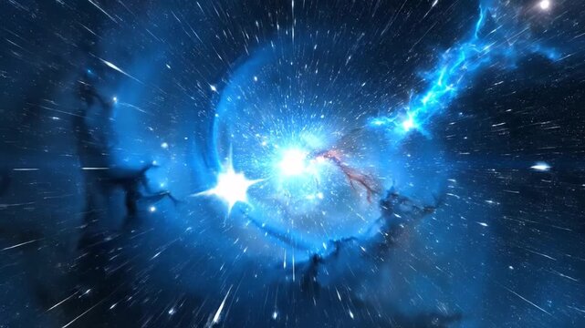 Vibrant blue explosion of light and stars in deep space with cosmic dust 4k video