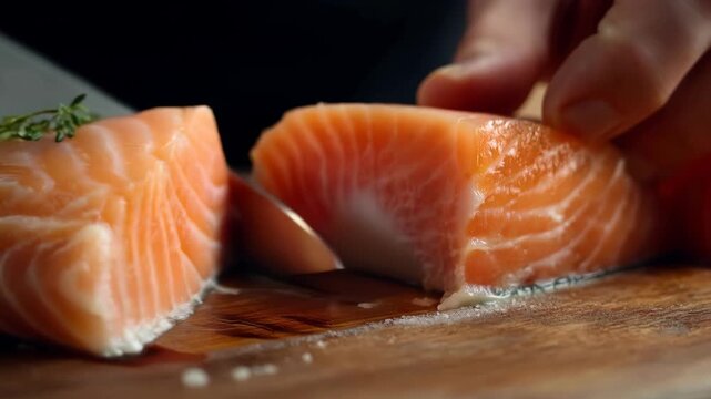 Professional Chef Slicing Fresh Salmon Fillet on Wooden Board