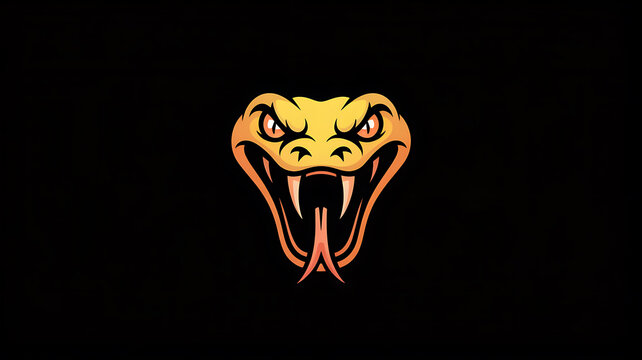 Aggressive yellow and orange snake head with fangs and glowing eyes on black