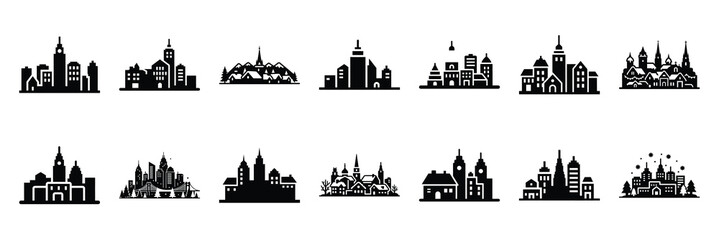 Obraz premium christmas winter holiday skyline icon set silhouette on black colour and white background. Holiday silhouette vector icons.