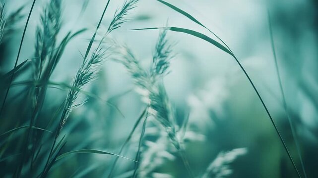 Green reeds and wild grass stalks form a soft, textured background in diffused daylight, evoking calm, organic growth, natural harmony and serene meadow freshness