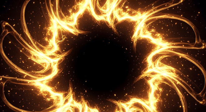 Swirling golden flames surrounding a dark void in a dynamic abstract pattern fire