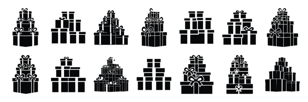 christmas  wrapped present stack icon set silhouette on black colour and white background. Holiday silhouette vector icons.