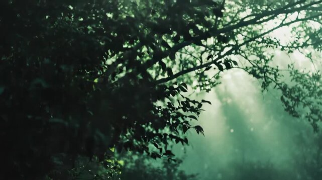 Sunbeams penetrating through lush green leaves and tree branches creating a captivating, ethereal, and mystic fog filled atmosphere in a dense forest, symbolizing hope, growth, and nature's beauty