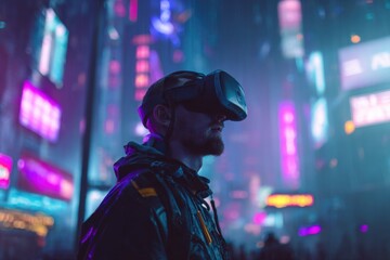 Fototapeta premium Man experiences immersive virtual reality in vibrant neon cyberpunk city at night, surrounded by colorful lights and futuristic architecture