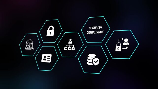 Information security compliance and regulatory adherence concept shown with abstract hexagonal UI icons for digital data safety and protection.
