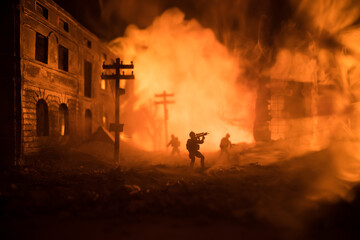 Naklejka premium Military soldier silhouette with bazooka. War Concept. Military silhouettes fighting scene on war fog sky background, Soldier Silhouette aiming to the target at night.