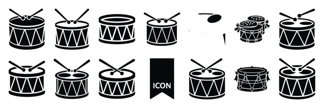 christmas  drum icon set silhouette on black colour and white background. Holiday silhouette vector icons.