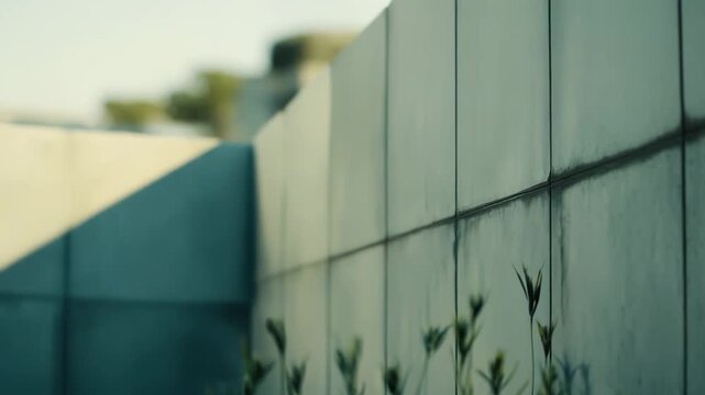 Green sedge stems and spiky flowerheads in partial shade contrast with a textured concrete wall, sunlight casting geometric shadows for a minimalist urban nature composition