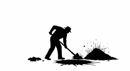 Silhouette of a man digging a pile of dirt with a shovel. © Bintang