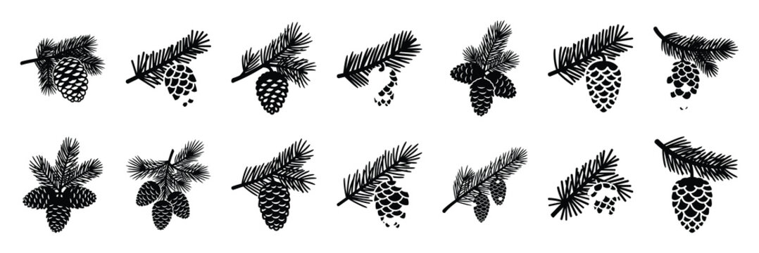 christmas  festive pine cone icon set silhouette on black colour and white background. Holiday silhouette vector icons.