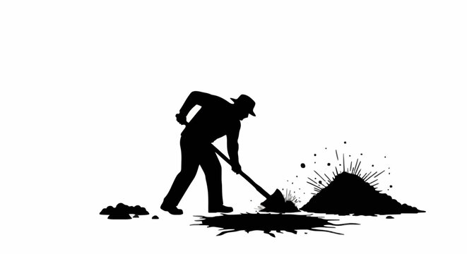 Silhouette of a man digging a pile of dirt with a shovel.