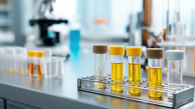 Small office laboratory highlighting urine sample containers on a counter frontal lab instruments in sharp focus and surrounding area gently blurred.
